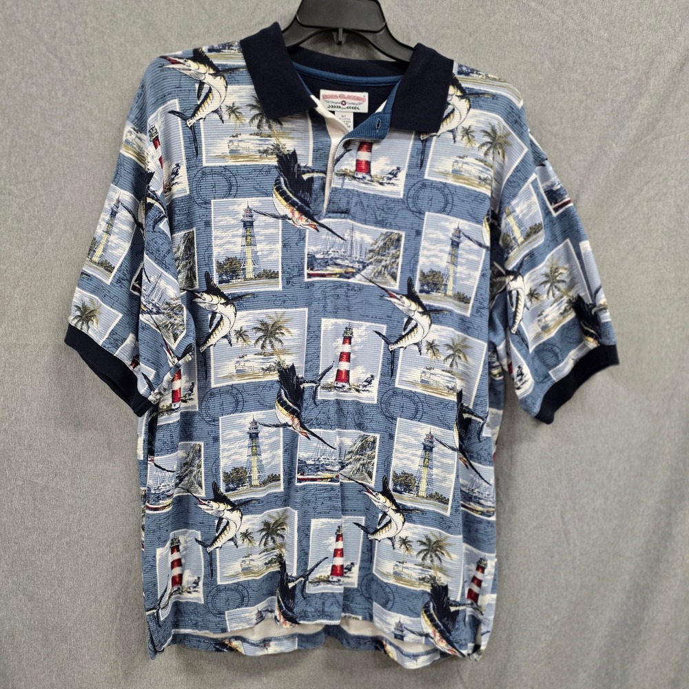 Boca Classics Mens XLT Blue Nautical Marlin Lighthouse Cotton‎ Polo Shirt Tall